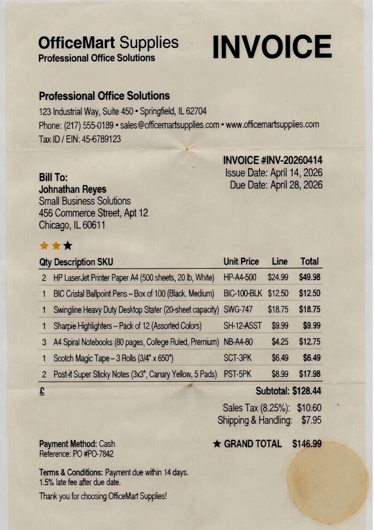 Messy scanned invoice with coffee stain before untxt processing
